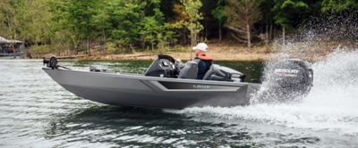 Fisherman Driving Lowe Skorpion Mod V Bass Boat, Port View, Boat Underway